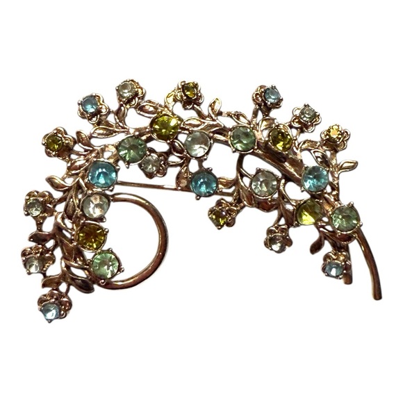 Vintage Monet gold tone brooch w/blue & green rhinestones. Pre-owned jewelry - Picture 1 of 5